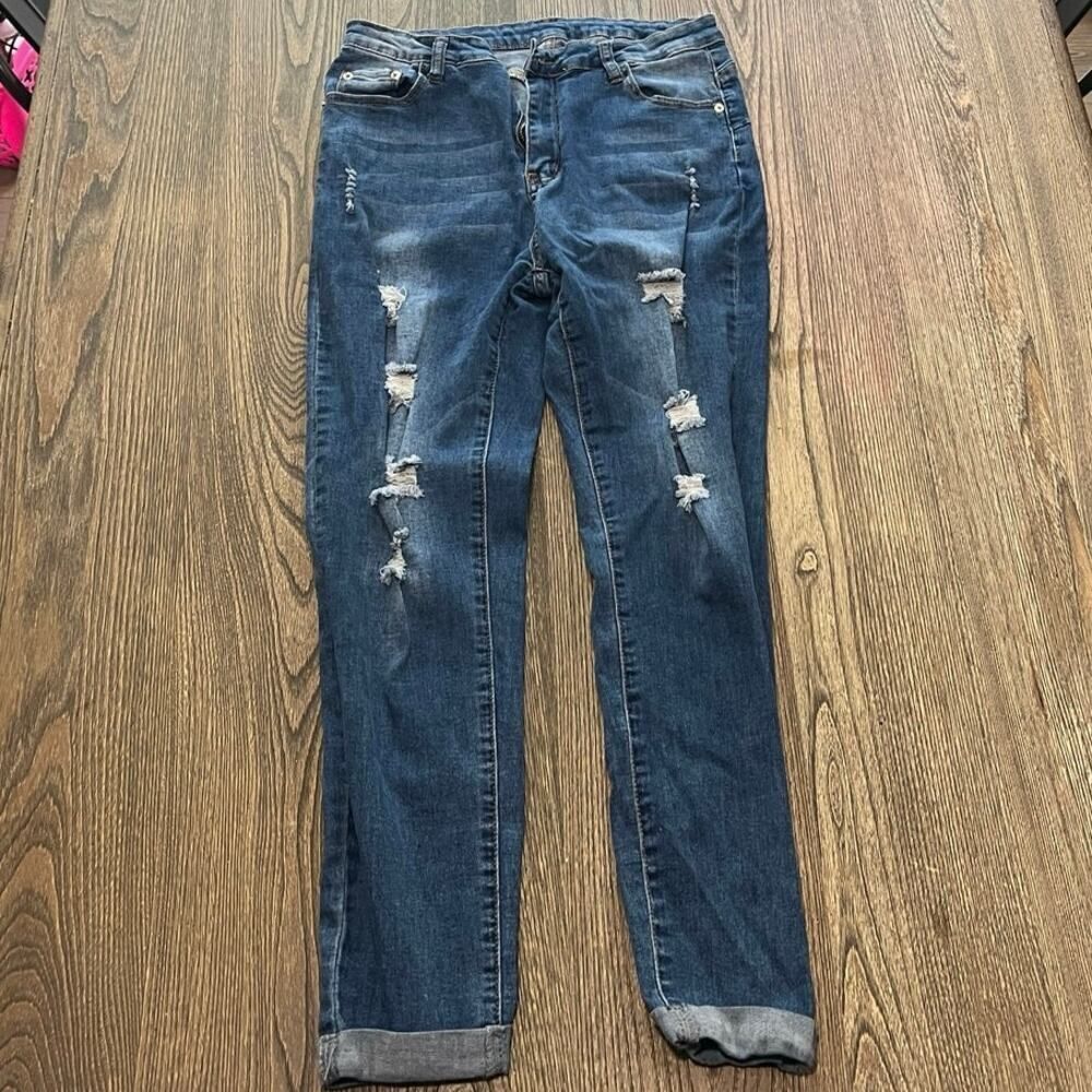 JEANS Straight Leg Distressed Mid Rise Denim Stretch Medium Wash Blue Size 12